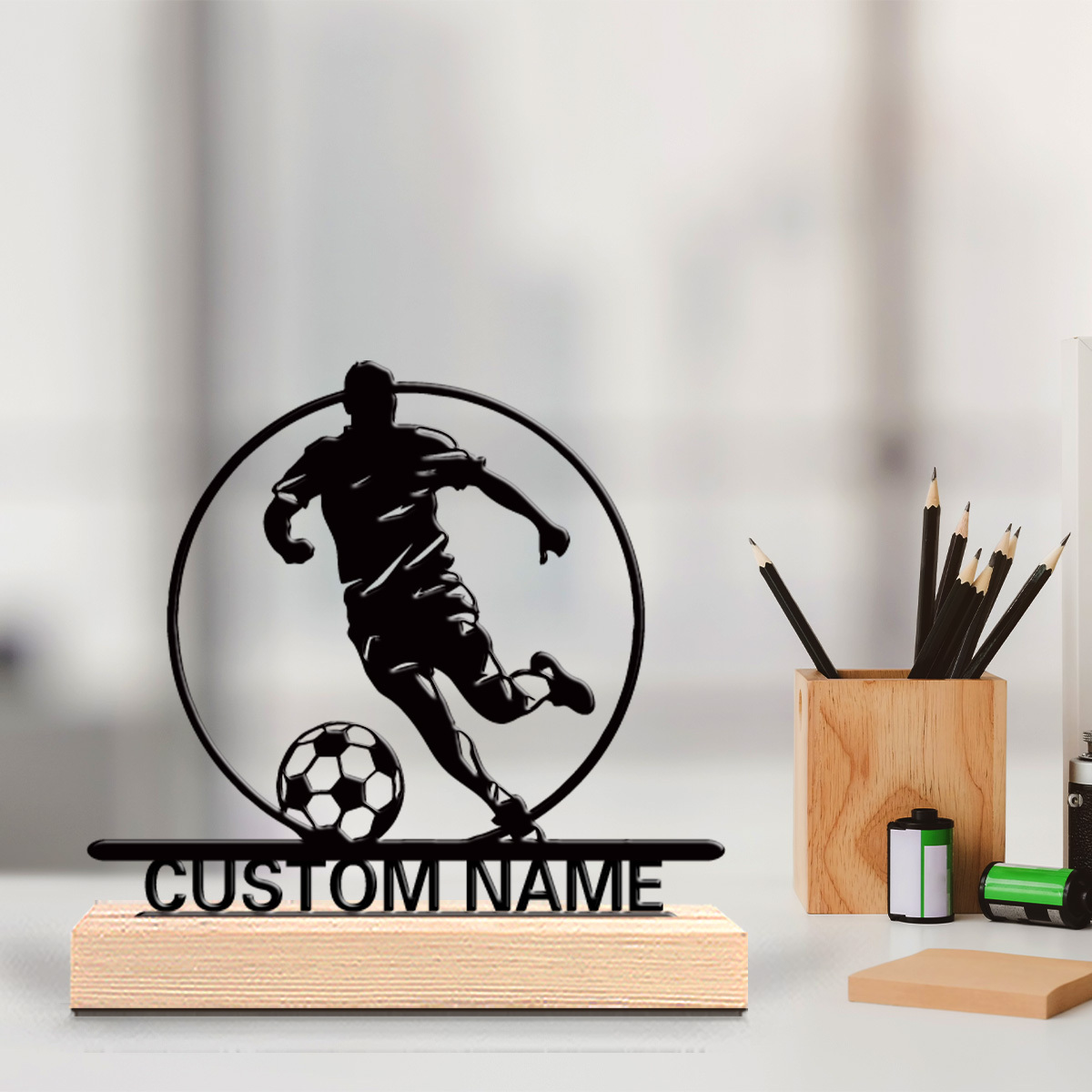 Office Table Home - İsme Özel Metal Futbolcu Heykeli, Ahşap